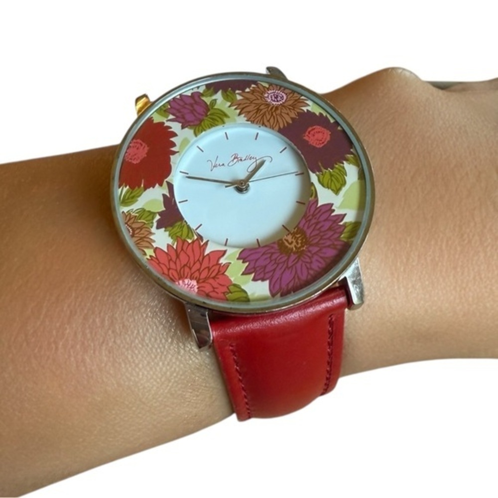 Vera Bradley Floral Watch Red Leather Strap Quartz Japan Stainless Steel